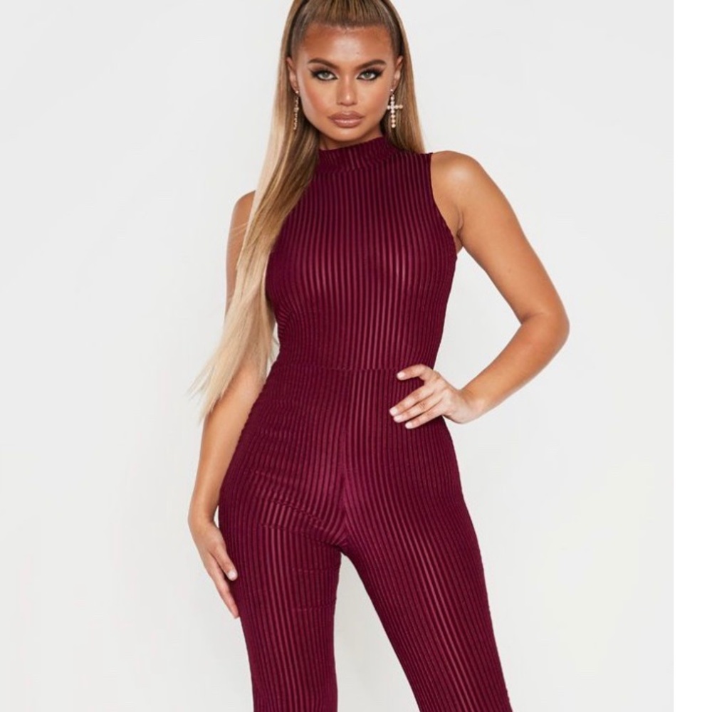 Burgundy High Neck Striped Velvet Jumpsuit